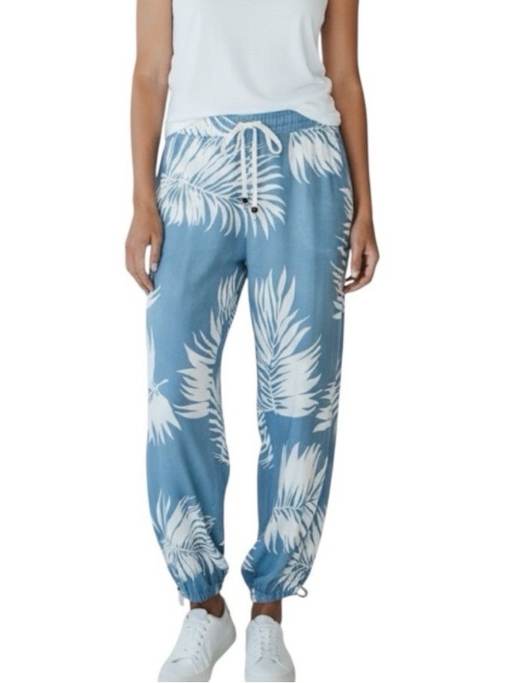 Santiki Sea Quest Sea Blue & White Tropical Leaf Drawstring Elastic Waist Pants